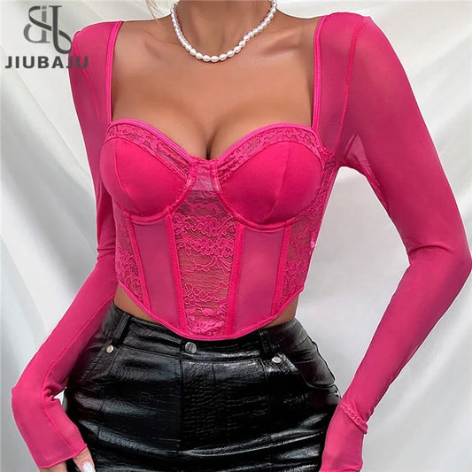 Vintage Sheer Long Sleeve Crop Top Corset