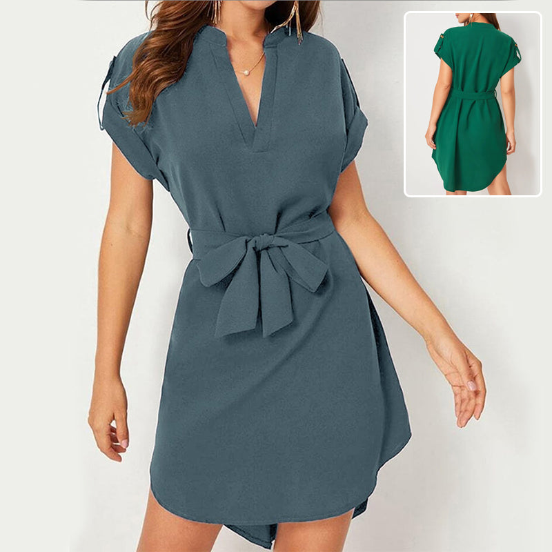 V-neck Short Sleeve Belted Dress