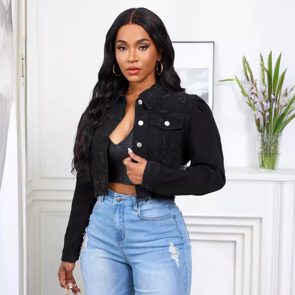 Ripped Puff Sleeve Denim Jacket