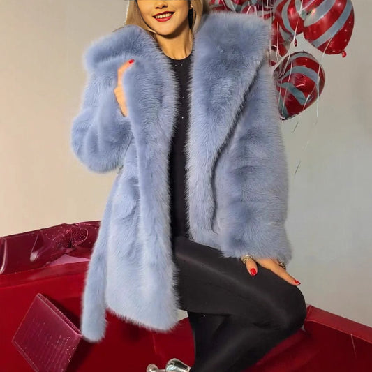 Elegant Hooded Faux Fur Coat