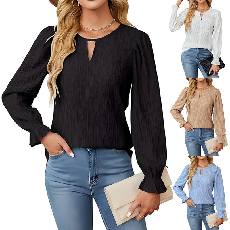Jacquard Round Neck Long Sleeve Top