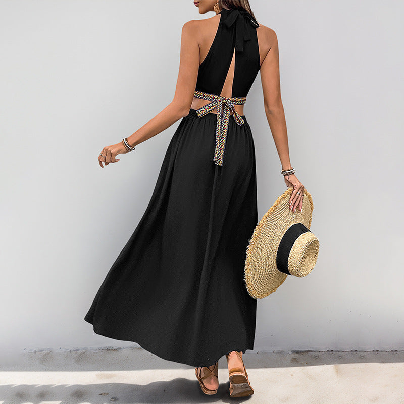 Embroidered Hollow-out Halter Dress