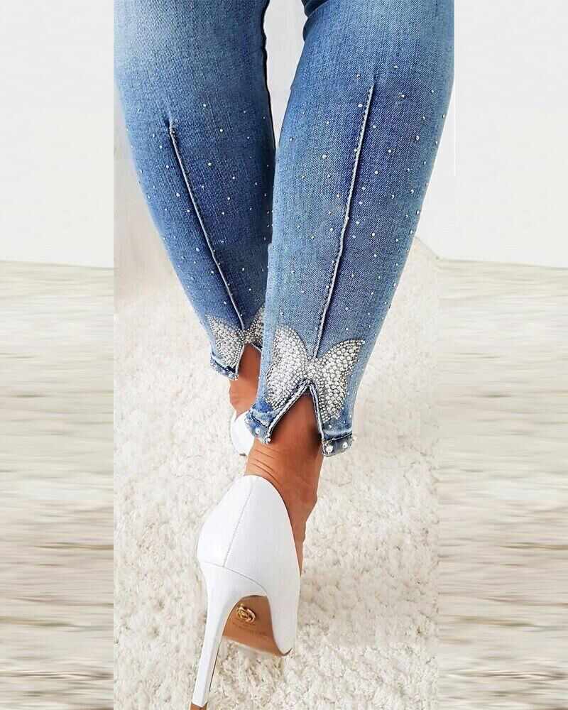 High Waist Beaded Butterfly Jeans