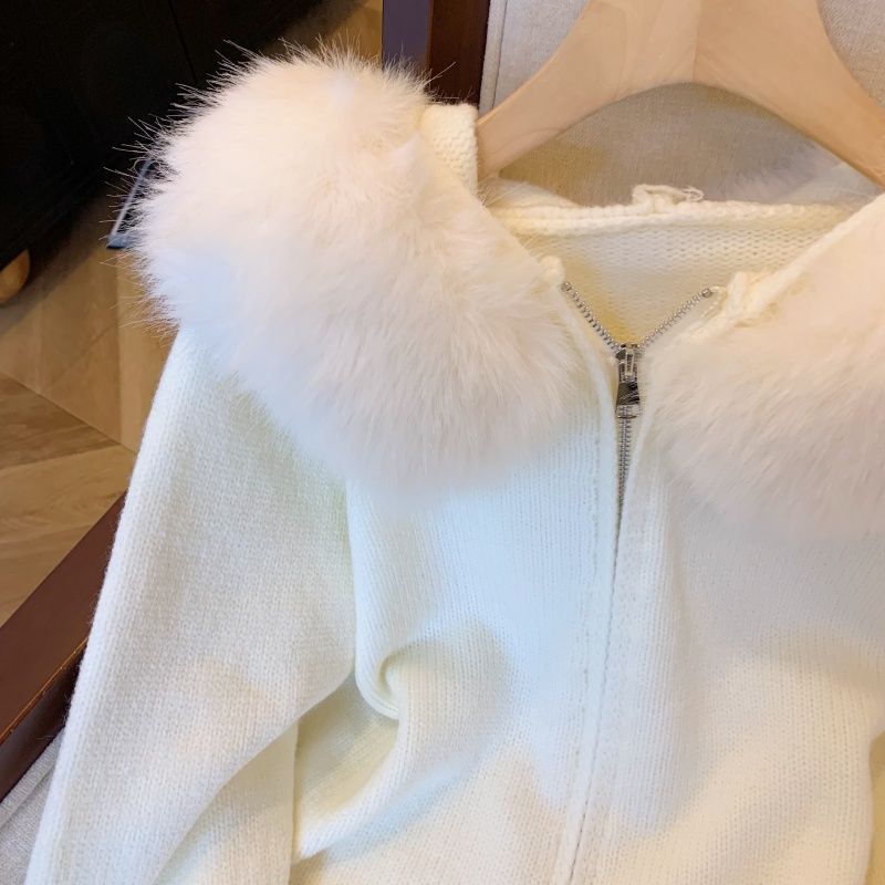 Faux Fur Hooded Collar Knit Cardigan