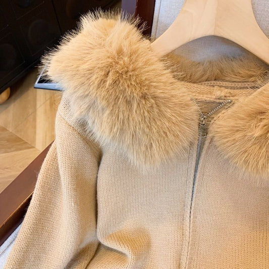 Faux Fur Hooded Collar Knit Cardigan