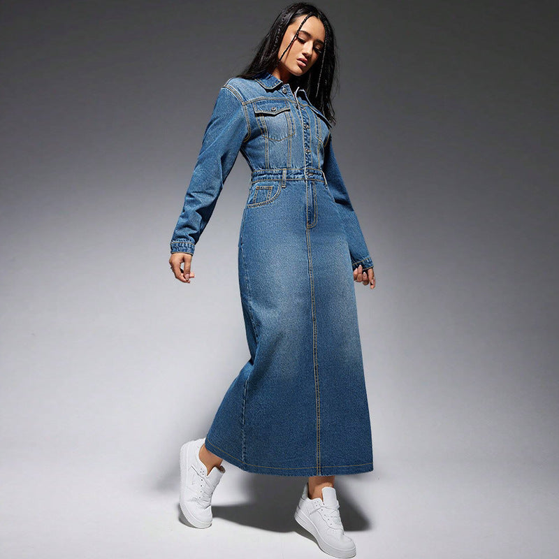 Long Sleeve Lapel Denim Dress