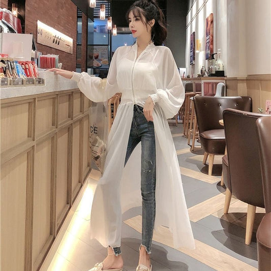 Waist-Controlled Chiffon Overcoat