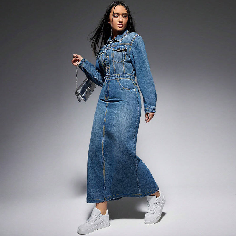 Long Sleeve Lapel Denim Dress