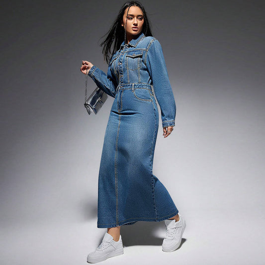 Long Sleeve Lapel Denim Dress