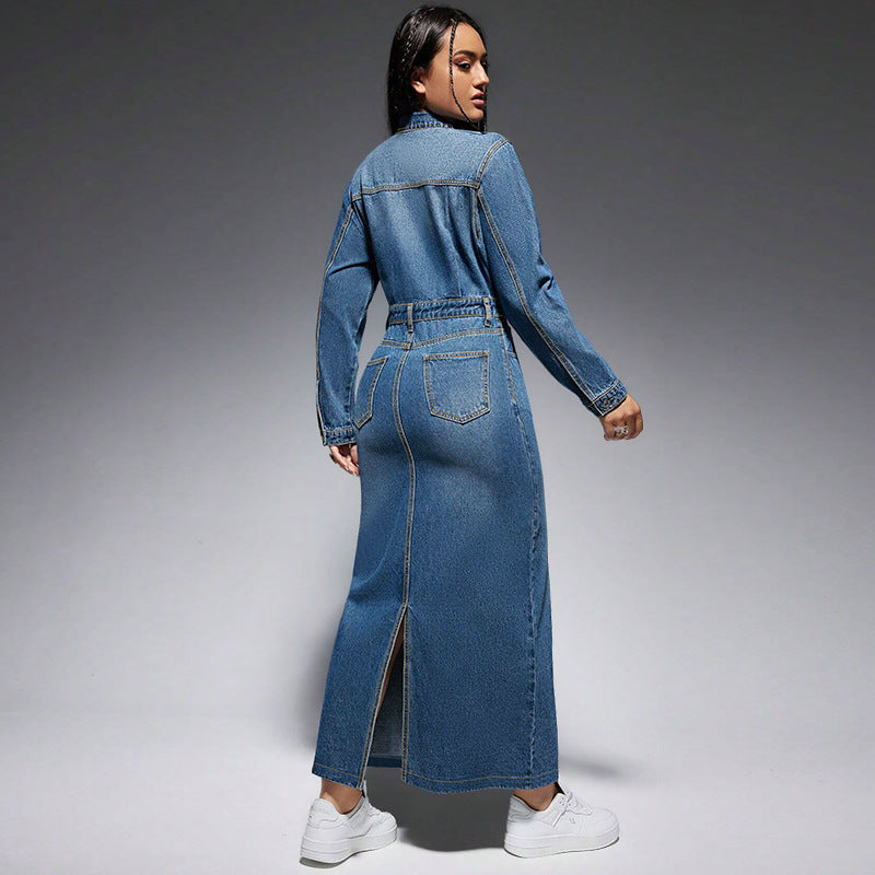 Long Sleeve Lapel Denim Dress