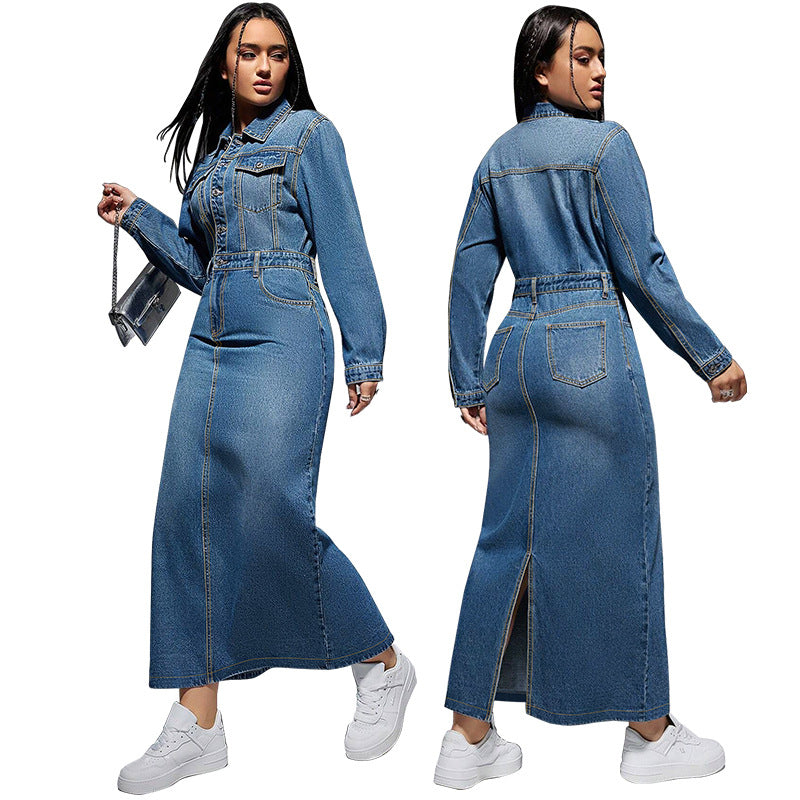 Long Sleeve Lapel Denim Dress