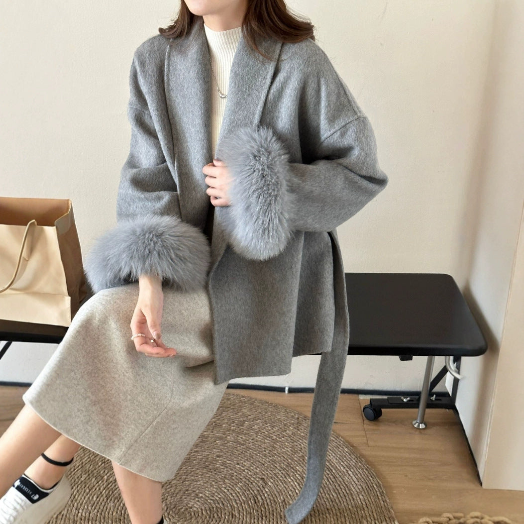 Faux Fur Sleeve Wool Coat