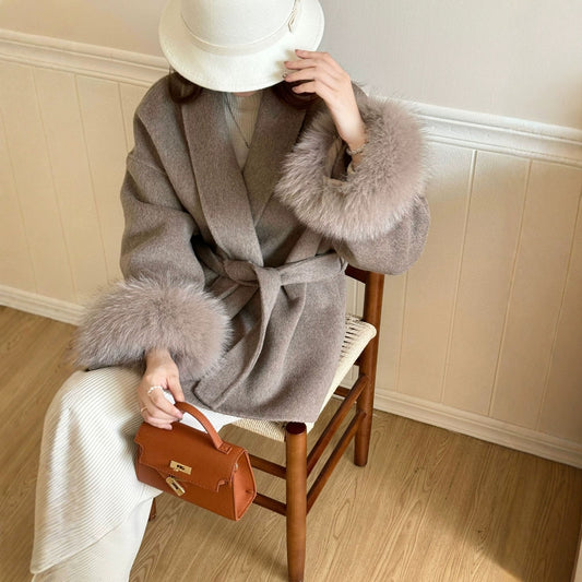 Faux Fur Sleeve Wool Coat