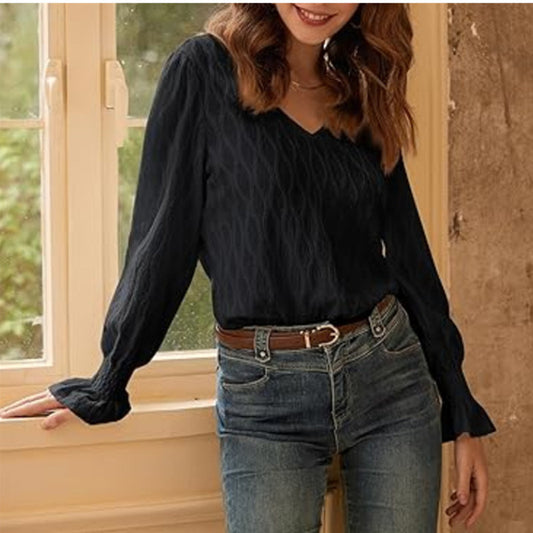 Long Sleeve V-neck Smocking Top