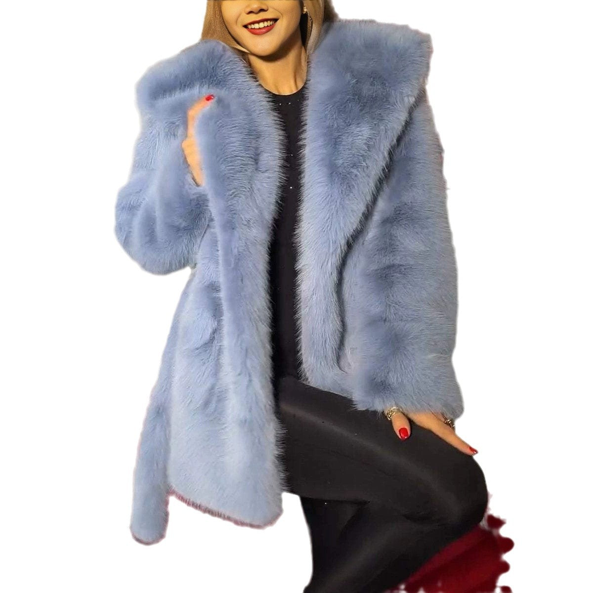 Elegant Hooded Faux Fur Coat
