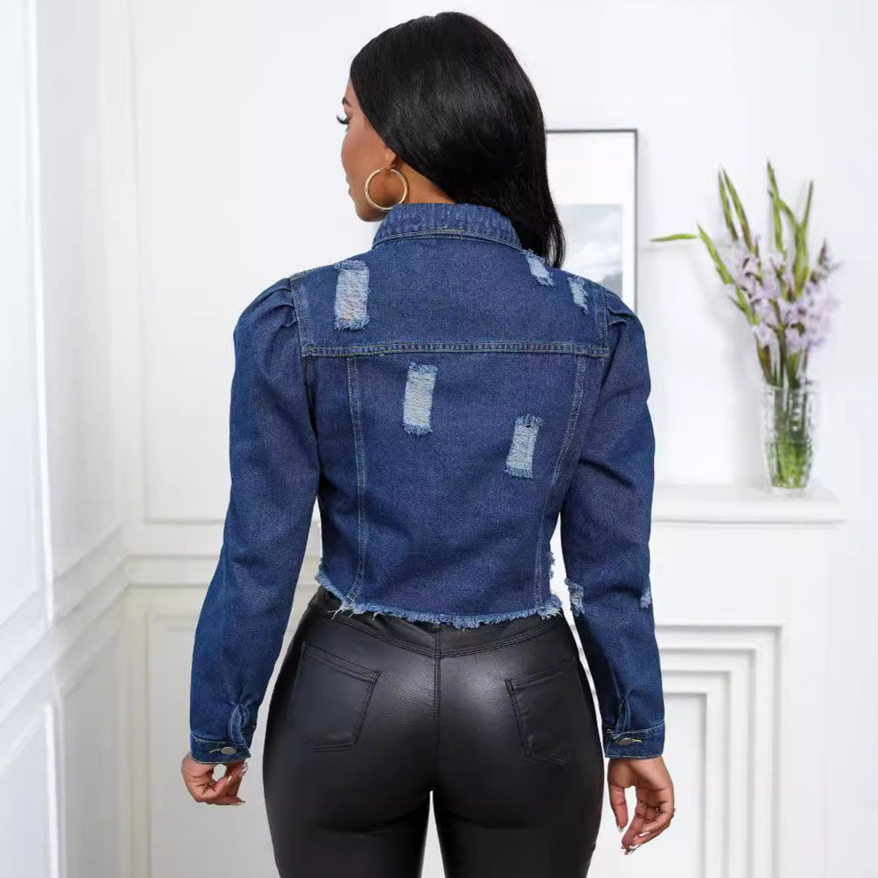Ripped Puff Sleeve Denim Jacket